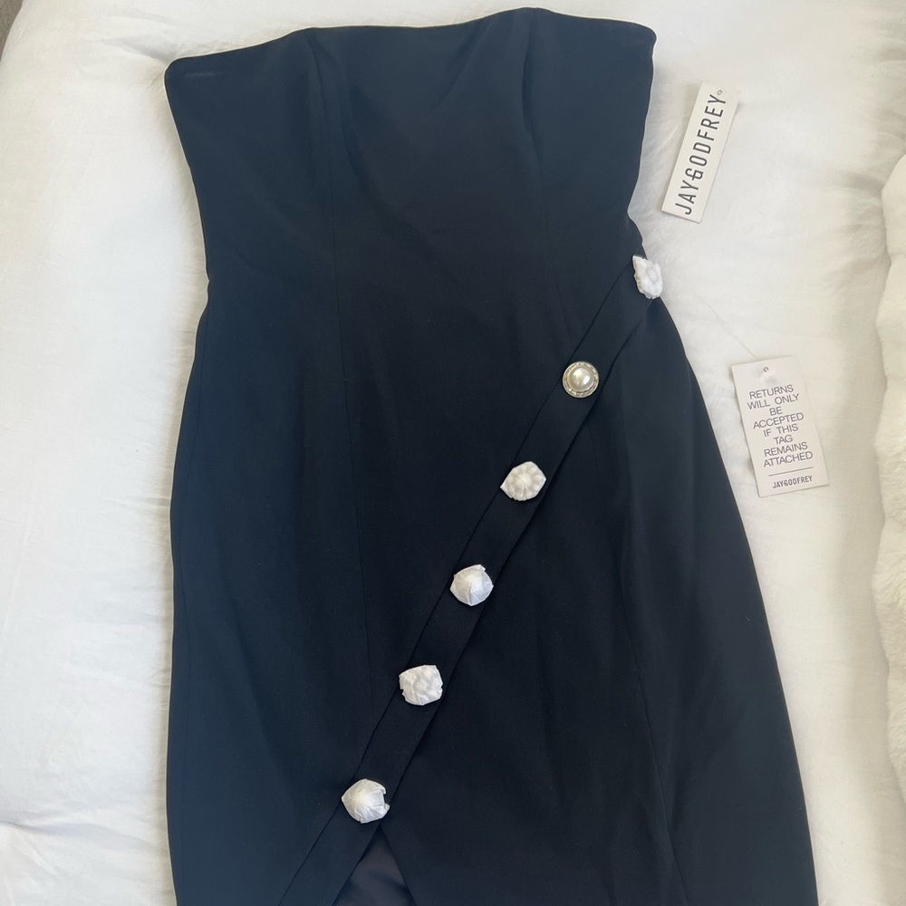 JAYGODFREY Black Strapless Sheath Dress with Pearl Accents